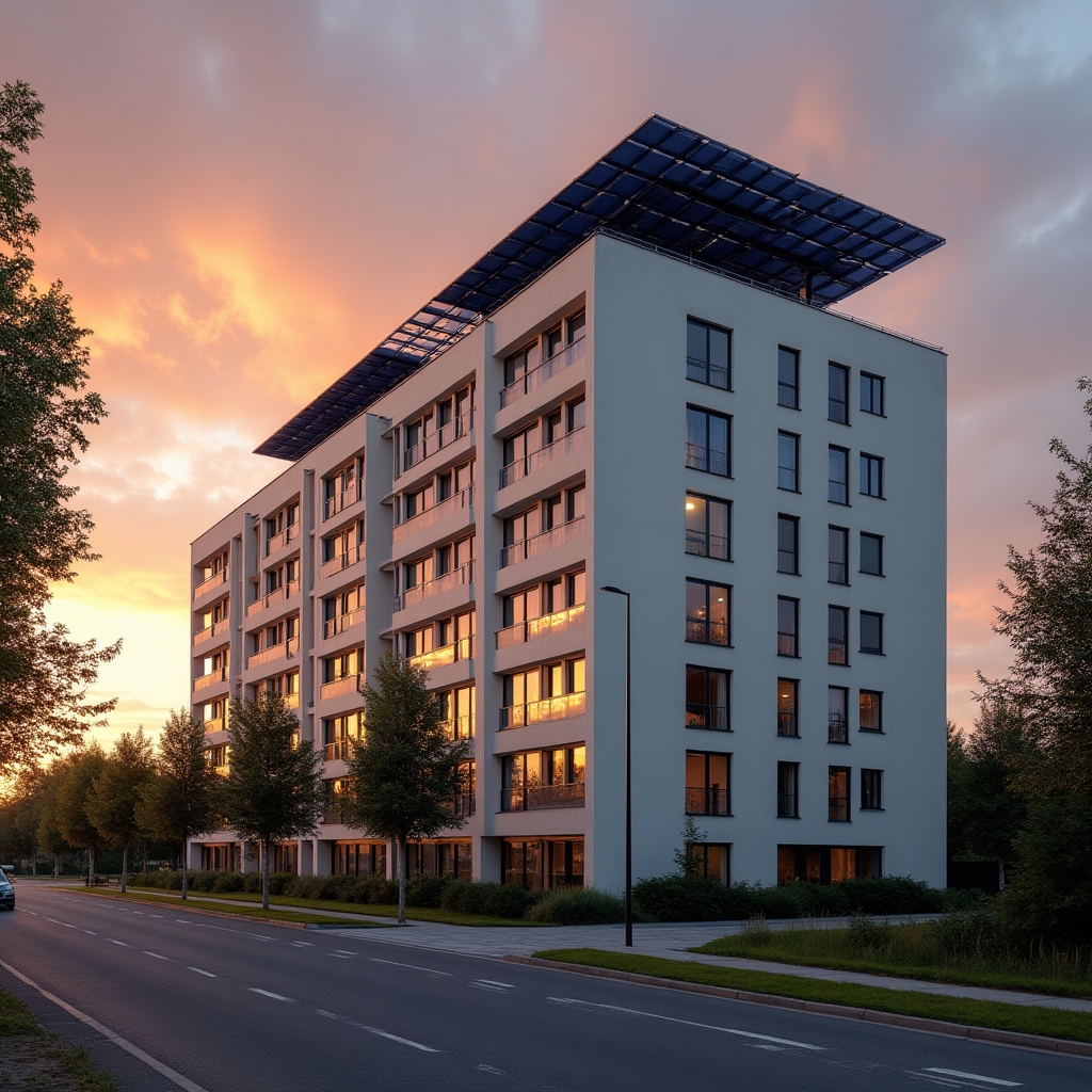 Solární panely na střeše bytového domu při západu slunce